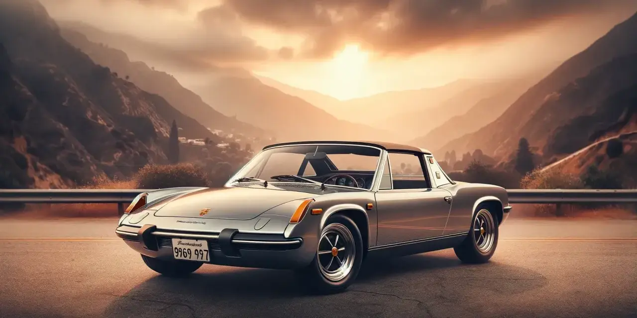 Srebrny Porsche 914 na tle górskiego krajobrazu o zachodzie słońca.