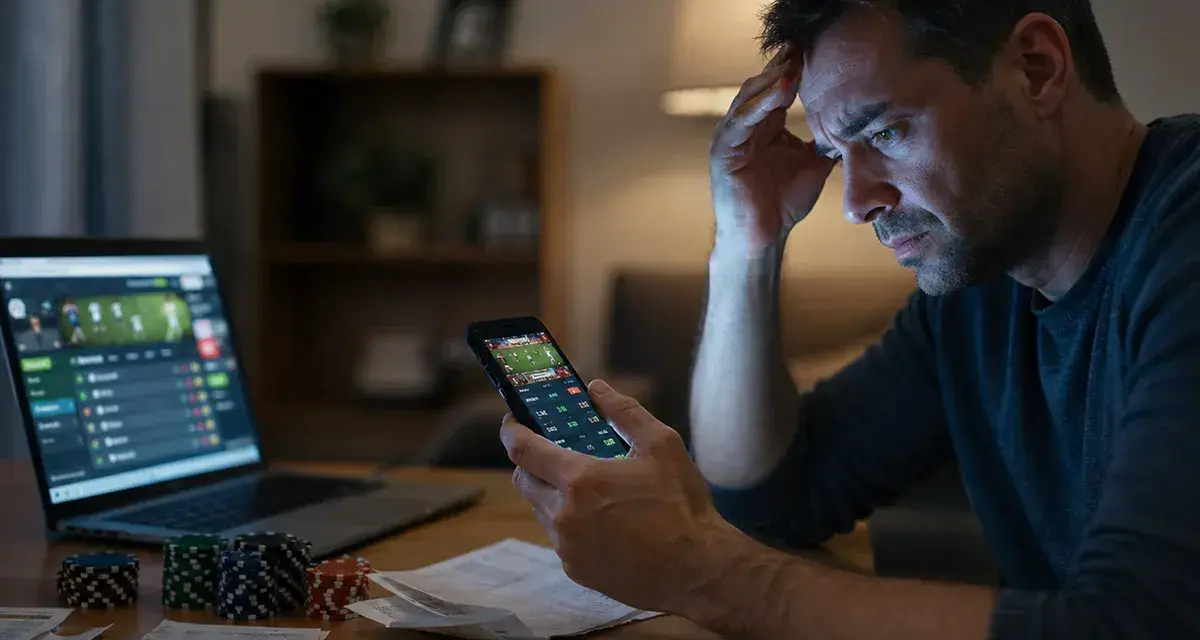 Zmartwiony mężczyzna z telefonem i laptopem, na których widać strony bukmacherskie. Stosy żetonów i rachunków sugerują problem z hazardem w internecie.