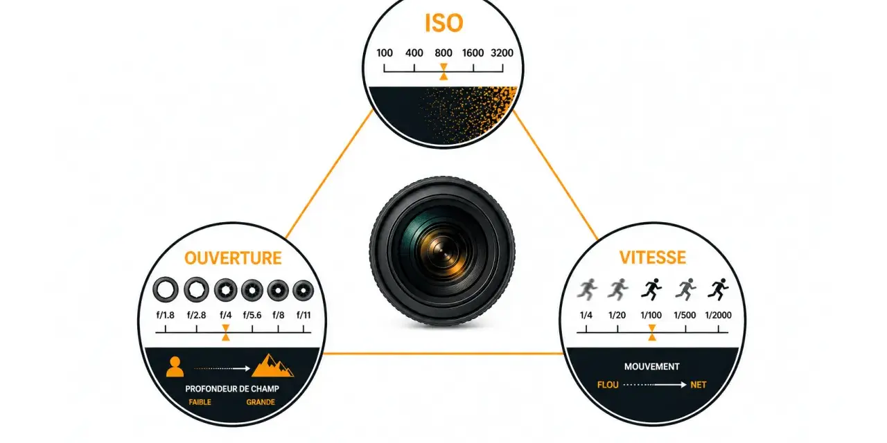 Schéma expliquant les bases pour apprendre la photographie reflex : ouverture, vitesse, ISO.