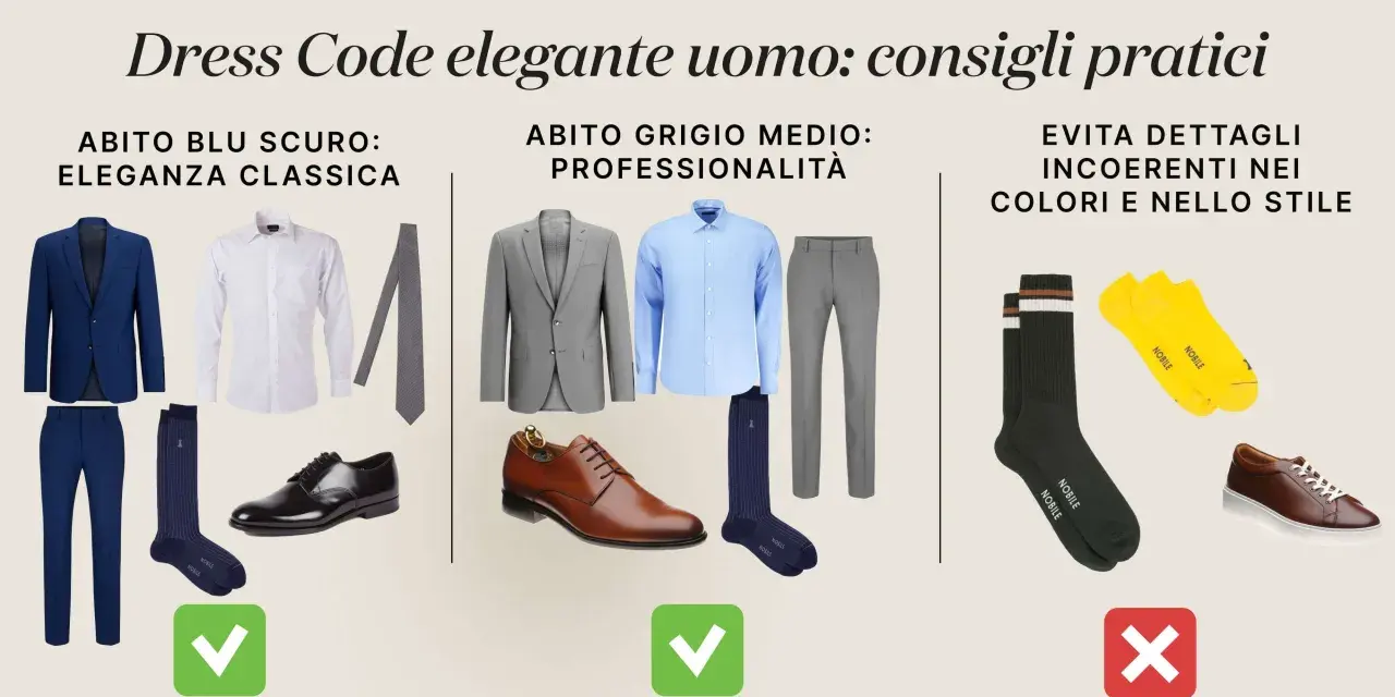 Consigli sul dress code elegante uomo: abito blu scuro per l'eleganza classica, grigio medio per la professionalità. Evita abbinamenti incoerenti.