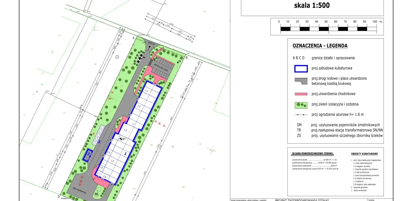 Plan zagospodarowania działki NR 8/1 z zaznaczonym parkingiem, drogami, zabudową i zielenią. Skala 1:500.