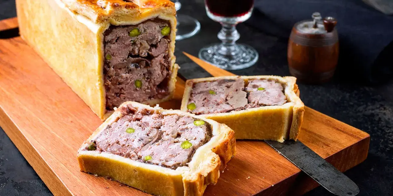 Deliciosa pate en croute receta, un pastel de carne jugoso y sabroso, listo para ser cortado y disfrutado.