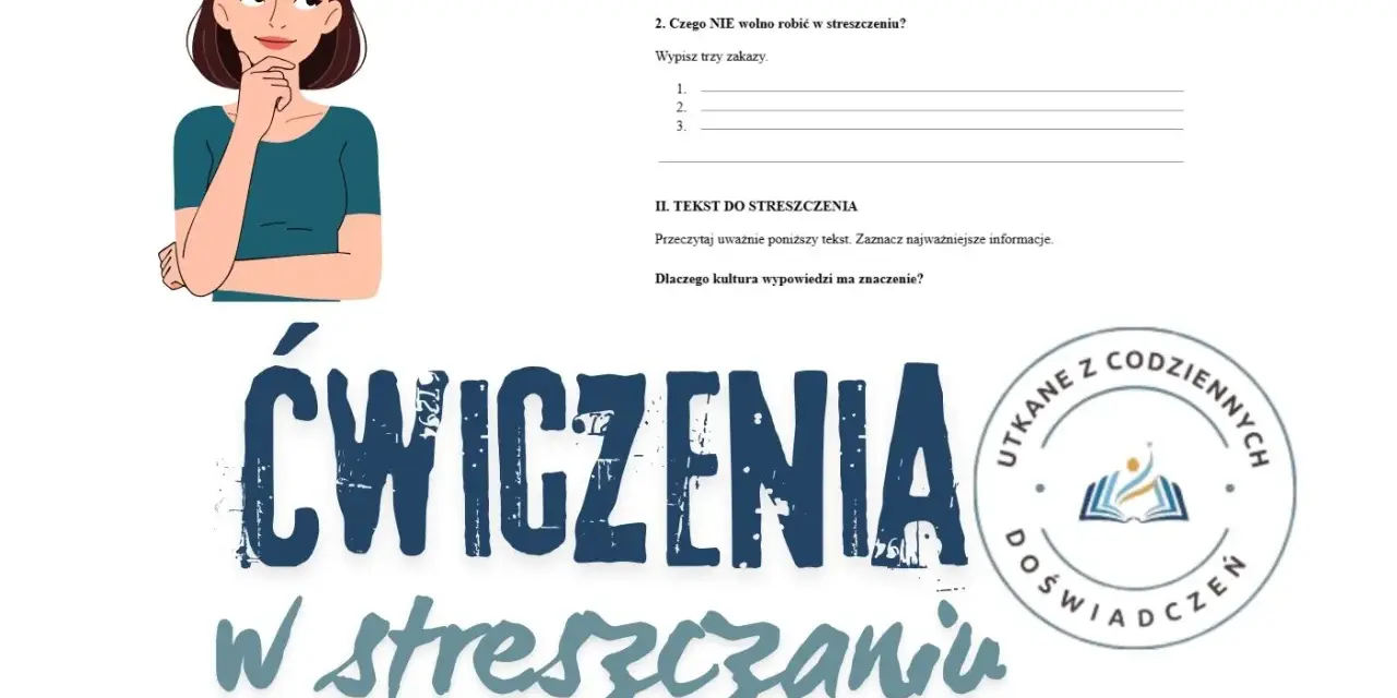 Ilustracja z dziewczynką zastanawiającą się nad tym, jak napisać streszczenie. Ćwiczenia ze streszczania.