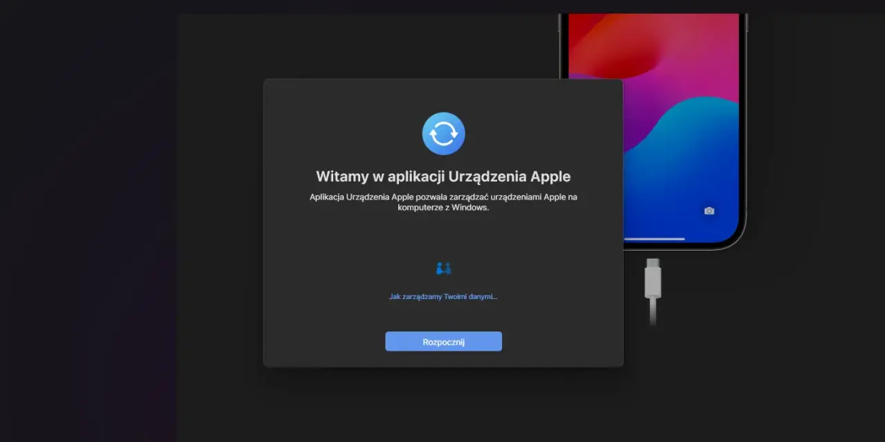 Aplikacja Urządzenia Apple na Windows, gotowa do zarządzania Twoim iPhonem i wykonania backupu.