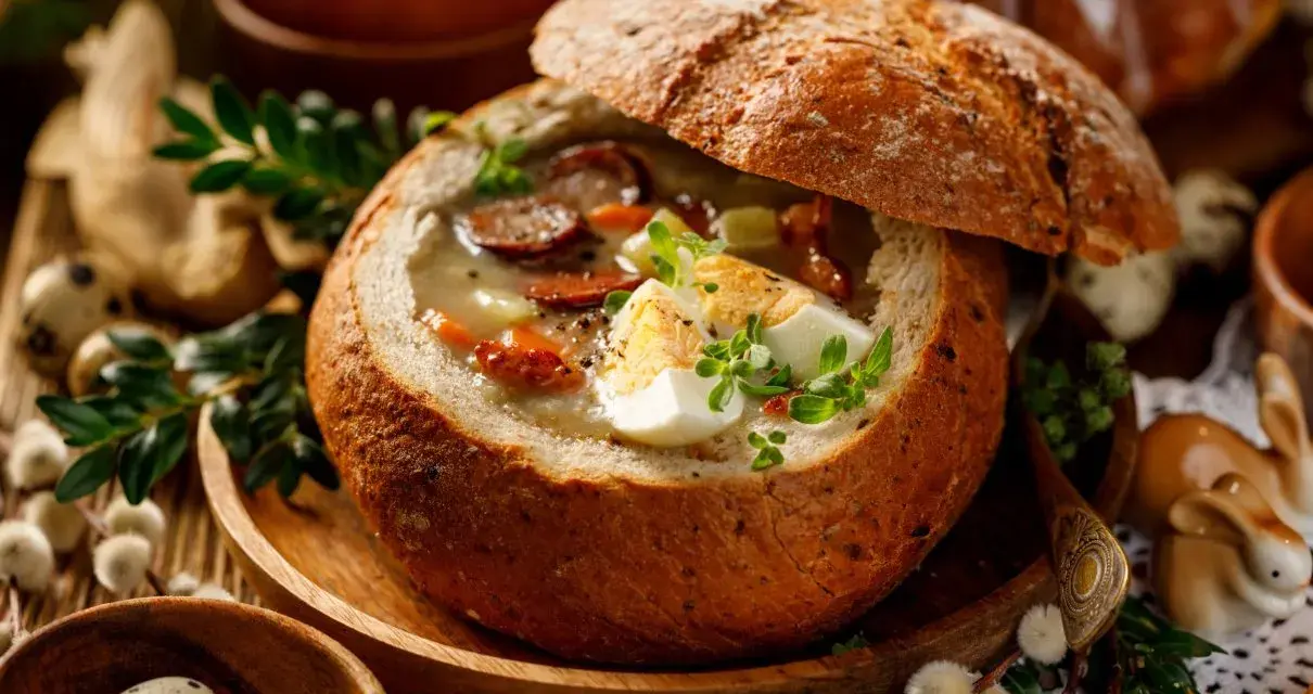 Pyszny żurek podany w wydrążonym bochenku chleba, z kiełbasą, jajkiem i ziołami. Idealny chleb do żurku na Wielkanoc.