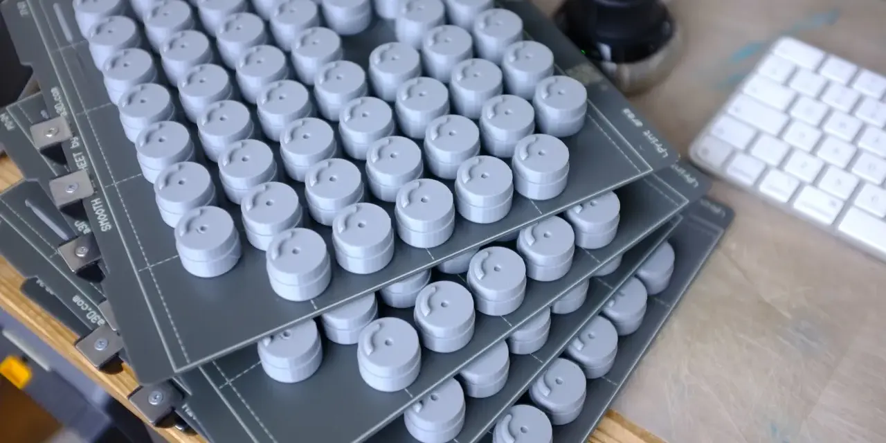 Stosy szarych, cylindrycznych elementów, świeżo po prototypowaniu 3d. Obok klawiatura i kałamarz.