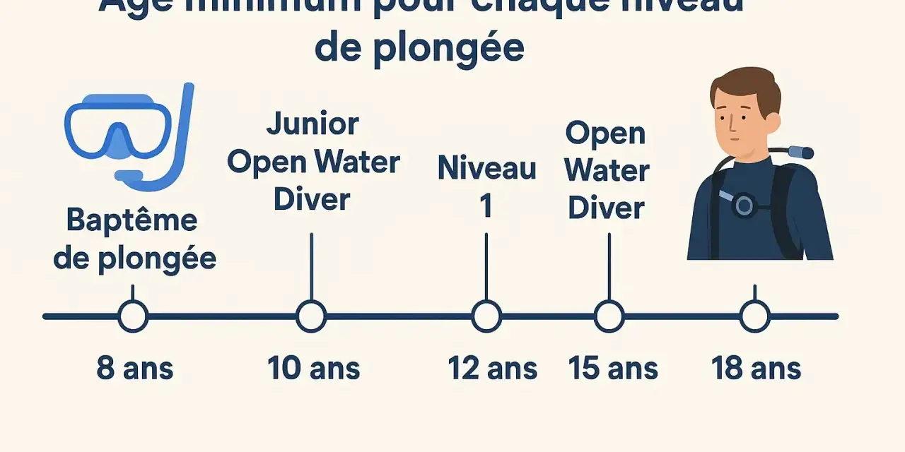 Infographie montrant les âges minimums pour différents niveaux de plongée, de 8 à 18 ans.