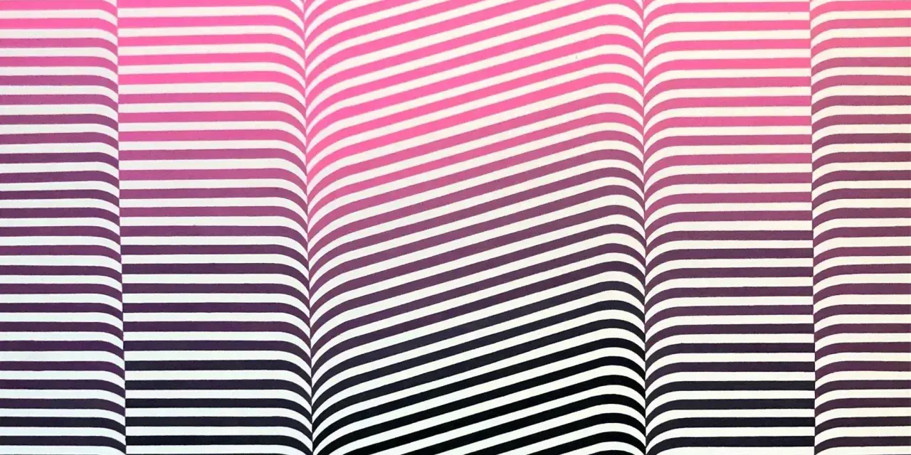 Abstrakcyjny wzór w paski, inspirowany stylem Sonia Delaunay, z gradientem od różu do fioletu i czerni, tworzący iluzję ruchu.