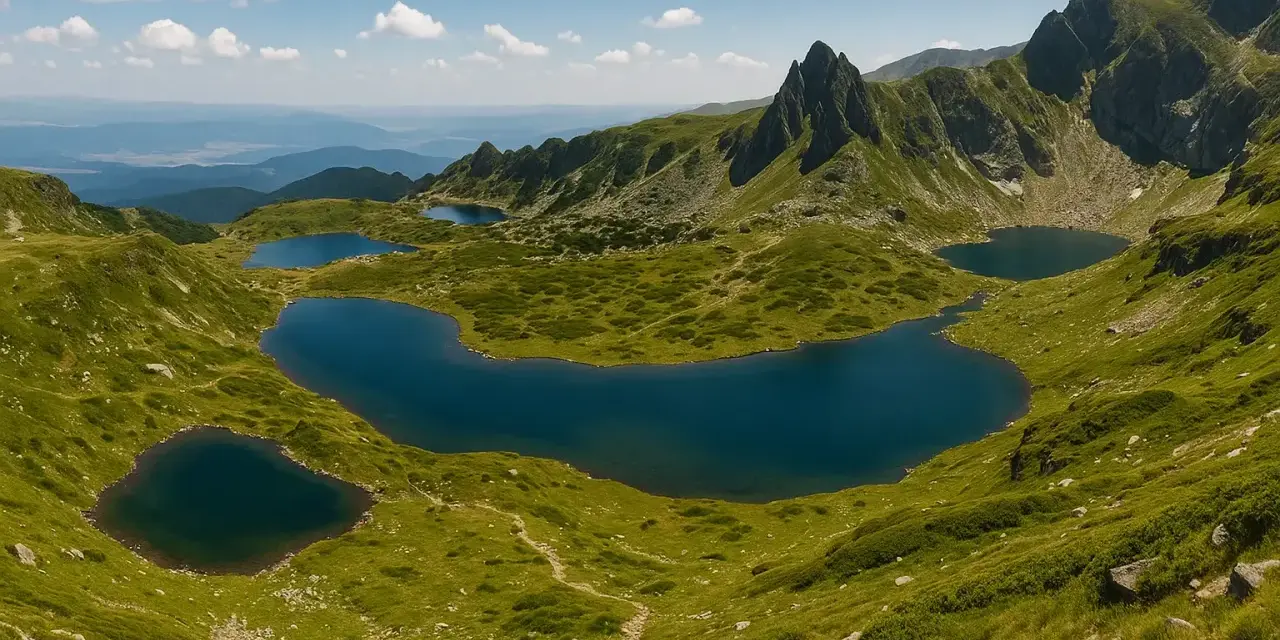 Siedem Jezior Rilskich, Bliźniacze jeziora w górach Rila, otoczone zielonymi zboczami i skalistymi szczytami.
