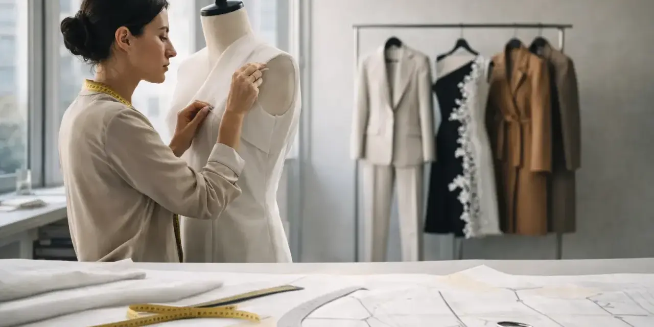 Modista ajusta un vestido en un maniquí, rodeada de patrones y prendas de **marcas pret a porter** colgadas en perchas.