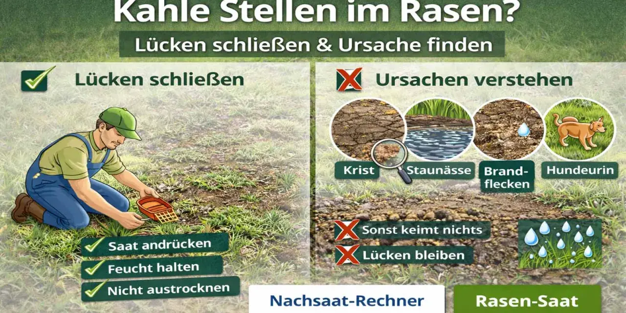 Mann sät Rasen nach, um kahle Stellen im Rasen zu beheben. Ursachen wie Krist, Staunässe, Brandflecken und Hundeurin werden gezeigt.