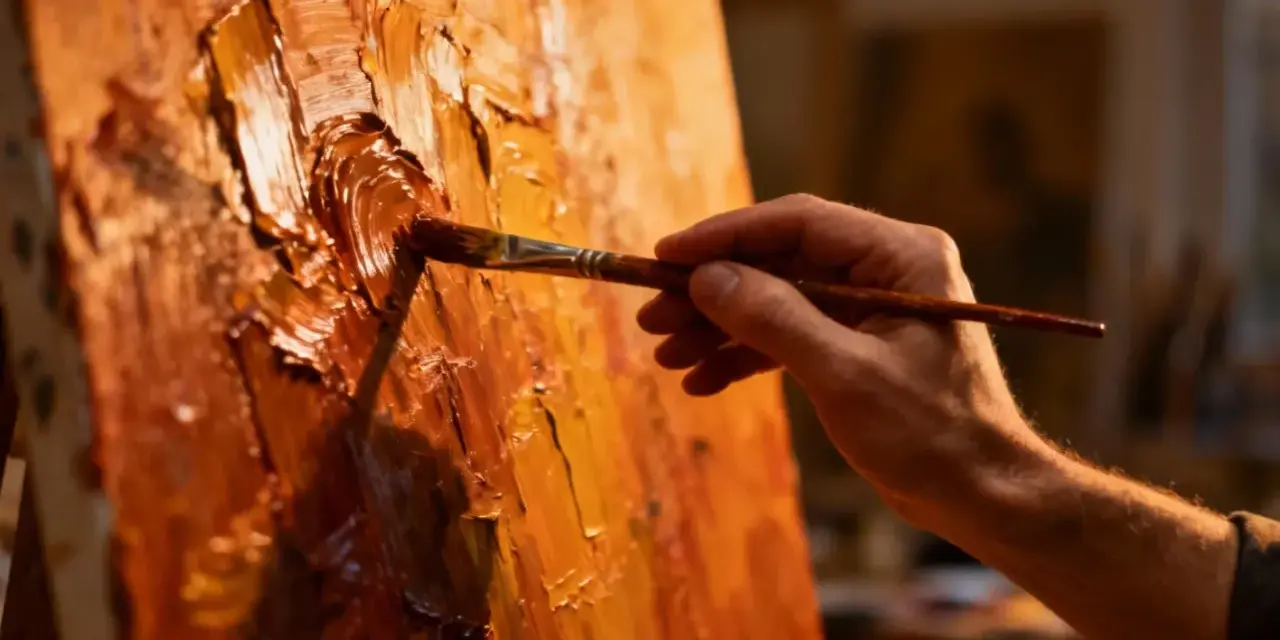 Main d'artiste appliquant la peinture à l'huile avec un pinceau, créant une texture riche sur la toile. La technique de peinture à l'huile est mise en valeur.