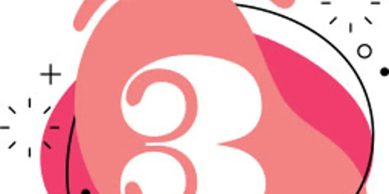 Stylizowana cyfra 3, moja liczba numerologiczna, otoczona abstrakcyjnymi kształtami i elementami graficznymi.