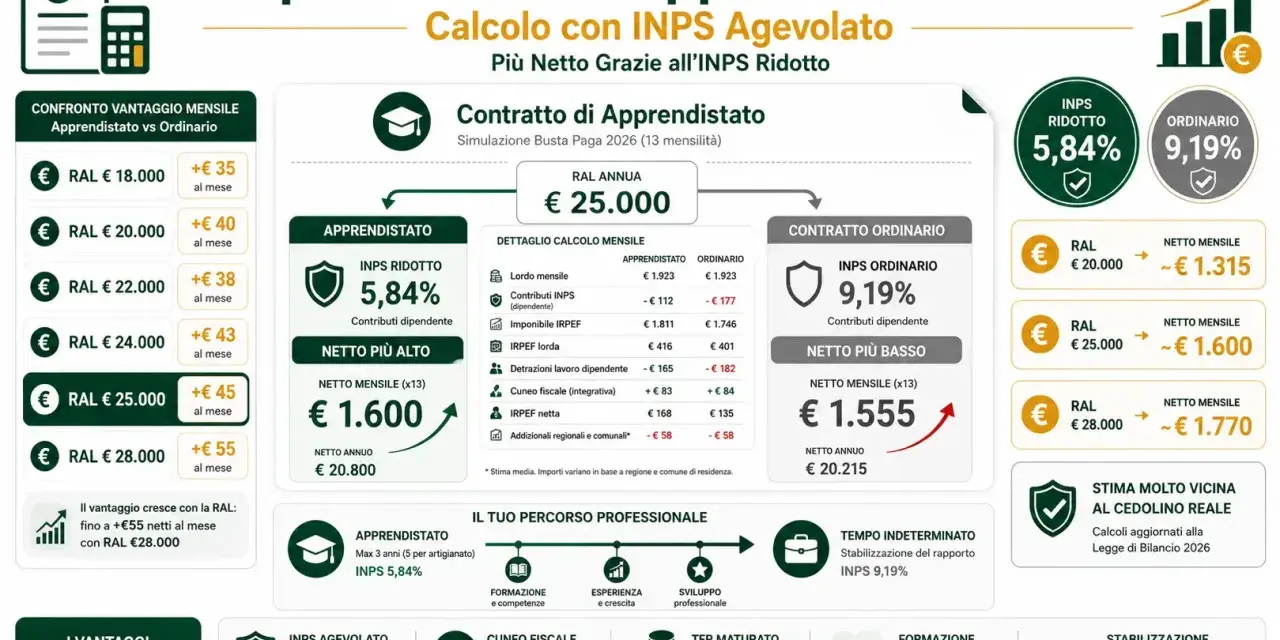 Quanto guadagna un apprendista? Con INPS agevolato, il netto mensile può superare i 1.600€ per una RAL di 25.000€.