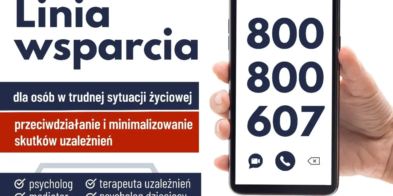 Darmowa infolinia dla alkoholików i ich bliskich. Numer 800 800 607 oferuje wsparcie psychologiczne, mediacje i pomoc prawną.