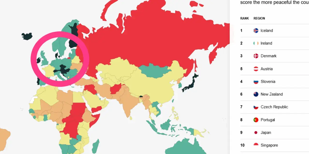 Mapa świata z zaznaczonymi krajami. Islandia jest na pierwszym miejscu jako najbezpieczniejszy kraj na świecie.