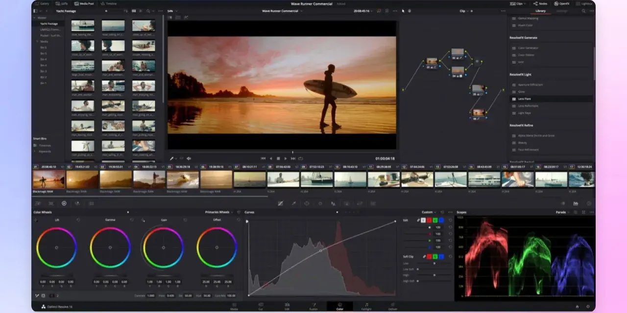 Interfaccia di un'app per creare video, con timeline, clip e strumenti di color correction.