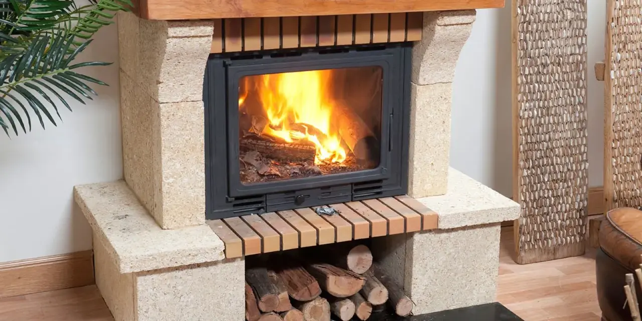 Chimeneas de leña Obramat con fuego crepitante y leña apilada, creando un ambiente acogedor.