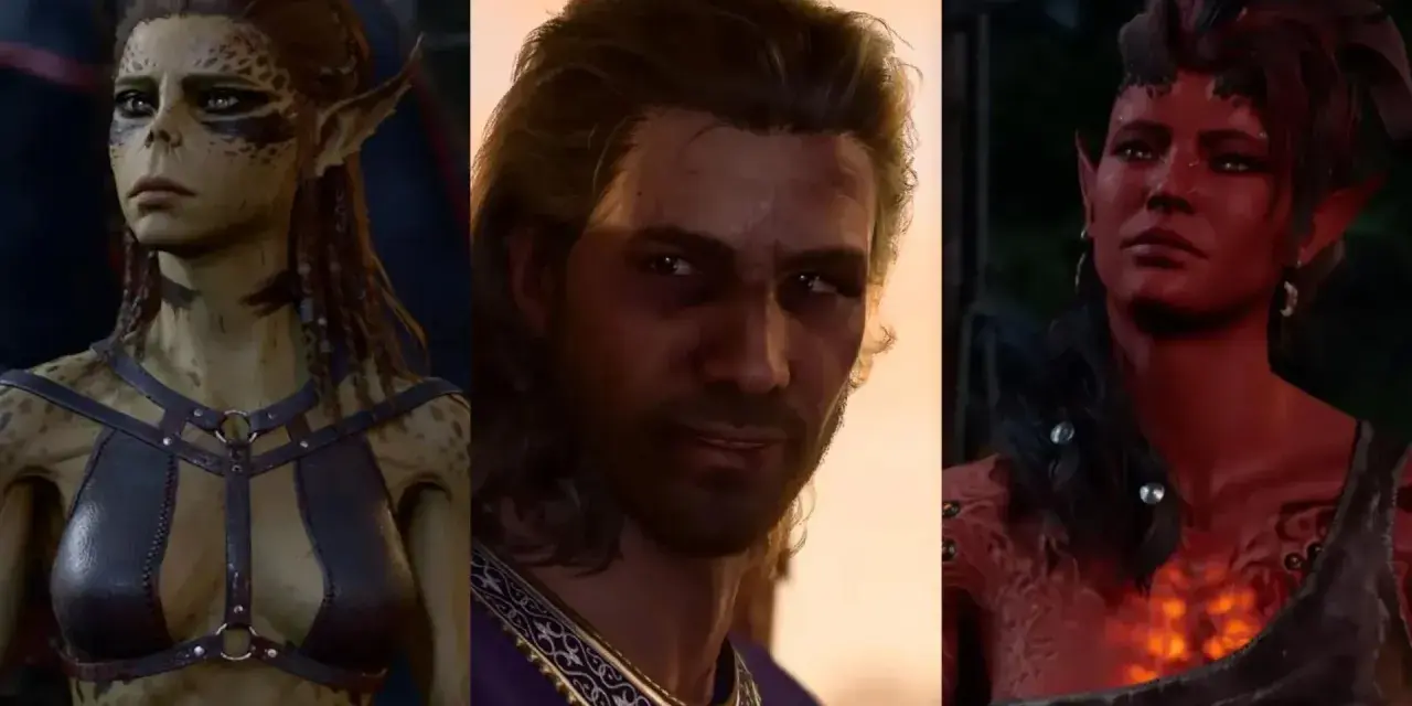 Tres personajes de Baldur's Gate 3: una mujer con piel moteada, un hombre con cabello largo y una mujer demonio. ¿Cuál será tu romance?