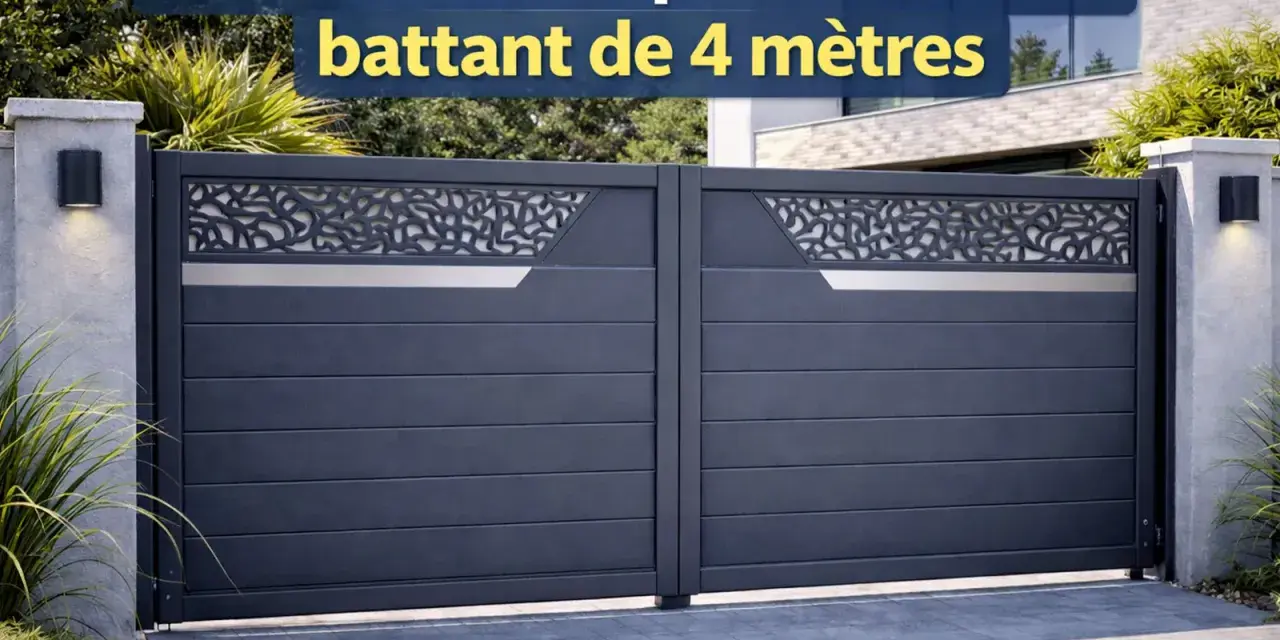 Un portail battant en aluminium de 4 mètres, moderne et élégant, avec un motif décoratif ajouré sur le dessus.