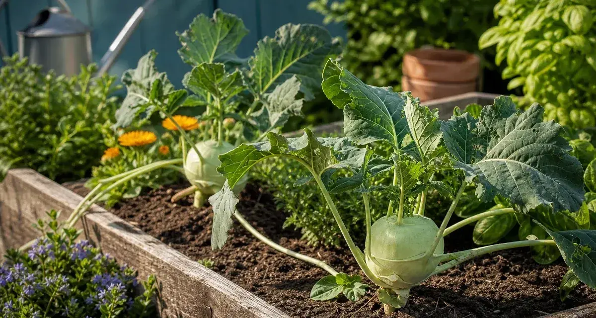 Kohlrabi wächst prächtig im Hochbeet, umgeben von Kräutern und Blumen. Gute Nachbarn für eine reiche Ernte.