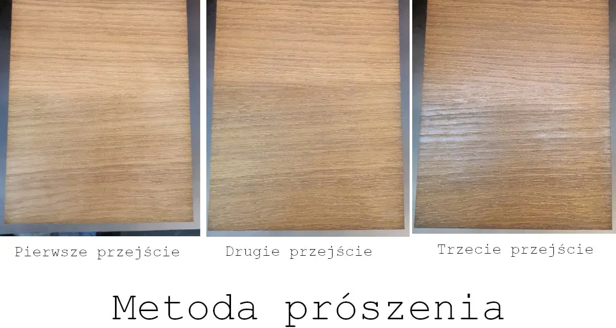Trzy próbki drewna pokazują efekt bielenia. Pierwsza próbka jest naturalna, druga lekko bielona, a trzecia mocno bielone drewno.