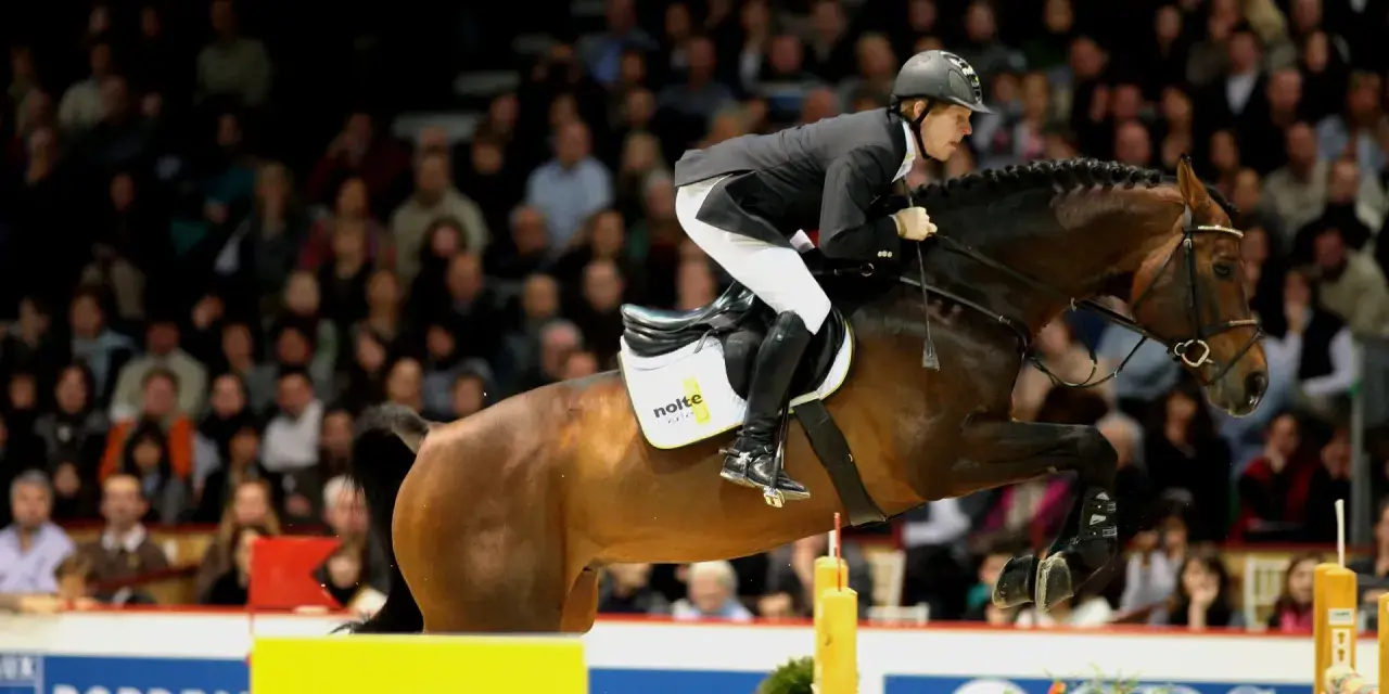 Le jeune cavalier Sandro, en plein saut d'obstacles, impressionne la foule.