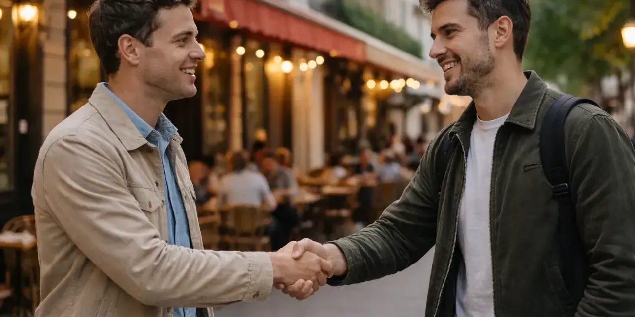 Dos hombres sonríen mientras se dan la mano frente a un café parisino. Uno le dice al otro "merci" para agradecerle en francés.