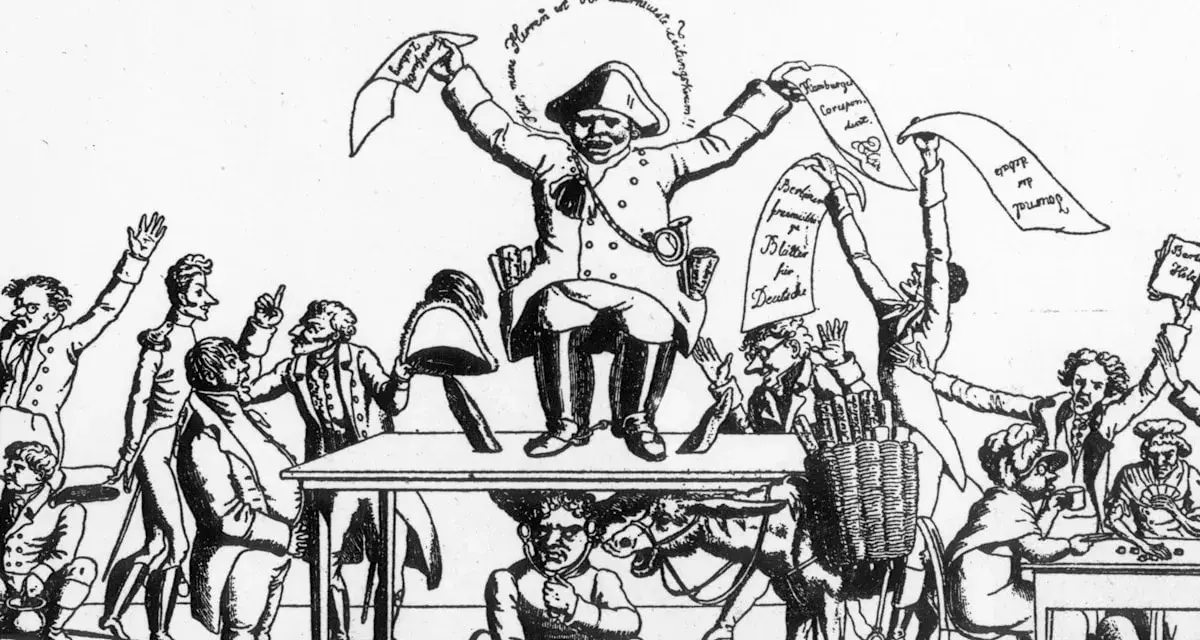 Karikatur zeigt die Unterdrückung der Presse nach den Karlsbader Beschlüssen. Ein Mann mit Kette hält Zeitungen hoch, während andere protestieren.