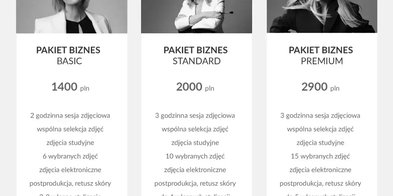 Cennik sesji zdjęciowej: pakiety Basic (1400 zł), Standard (2000 zł) i Premium (2900 zł).