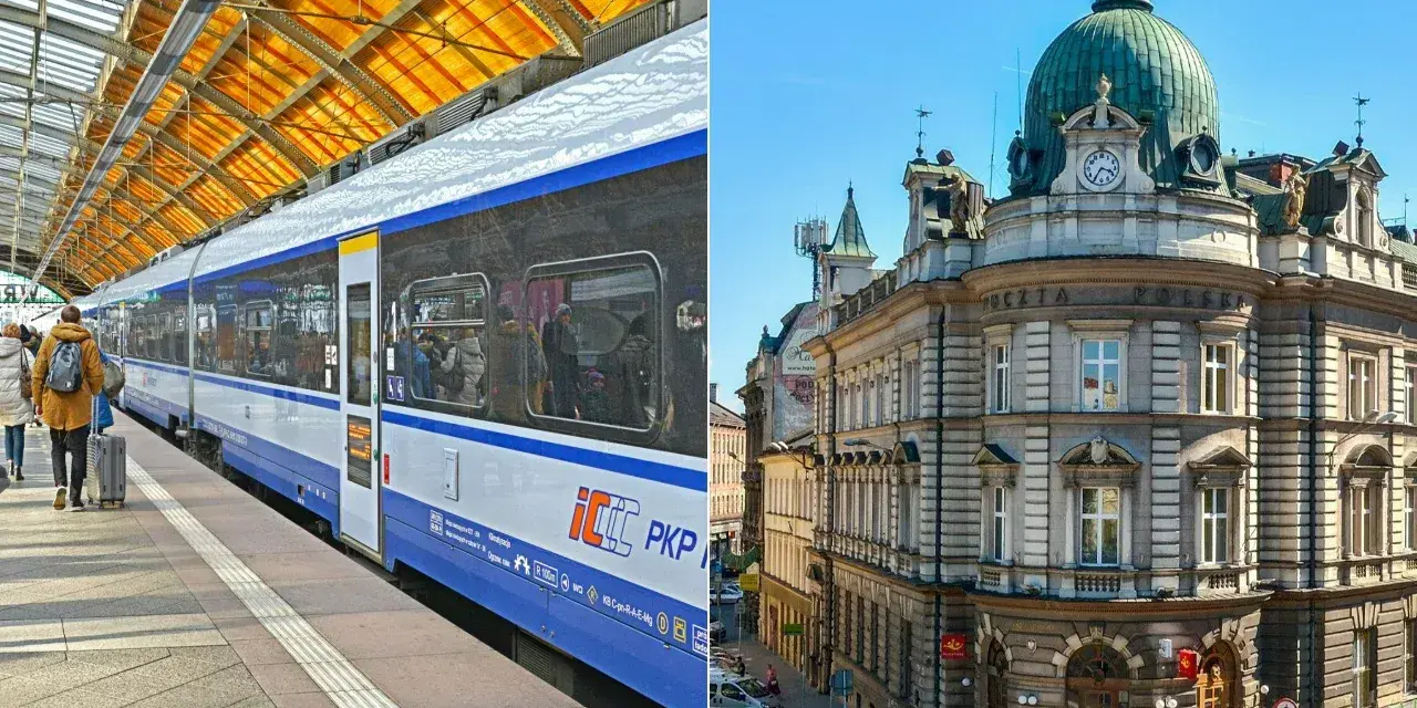 Pociąg PKP IC na peronie, gotowy do podróży. Obok zabytkowy budynek Poczty Polskiej. Czy to początek drogi do Wiednia?