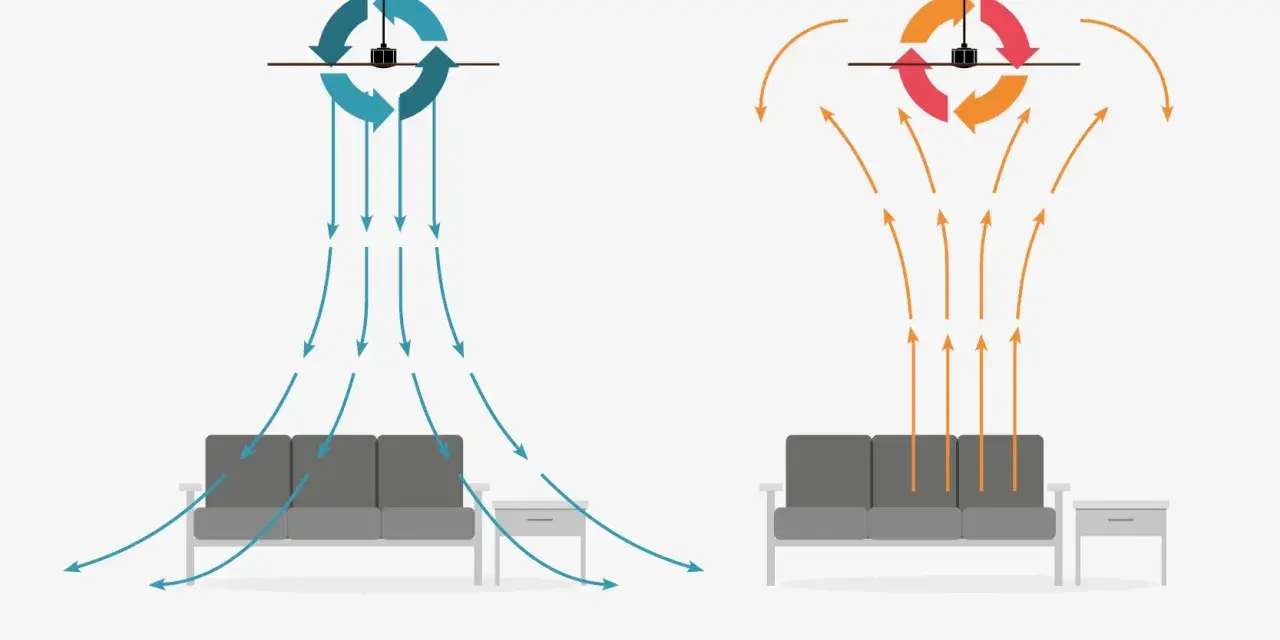 Ilustración de un ventilador de techo mostrando cómo circula el aire en verano (hacia abajo) e invierno (hacia arriba) para mantener la temperatura ideal.