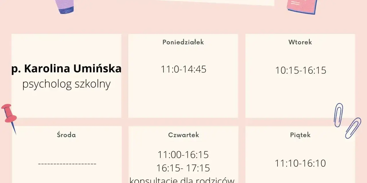 Grafika przedstawia grafik pracy p. Karoliny Umińskiej, psycholog szkolny. Sprawdź, ile wynosi etat pedagoga szkolnego, przeglądając godziny pracy od poniedziałku do piątku.
