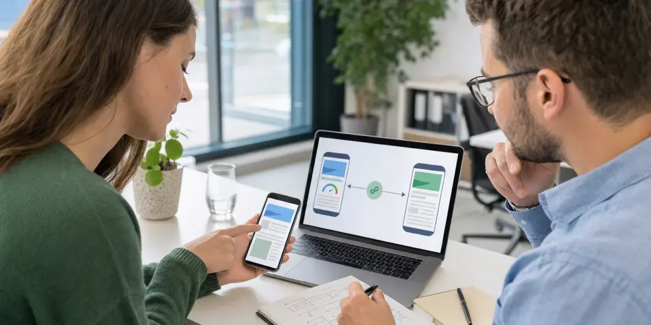 Zwei Personen besprechen am Laptop und Smartphone ein Webdesign. Die Bildschirme zeigen eine Verknüpfung, die an amp google erinnert.