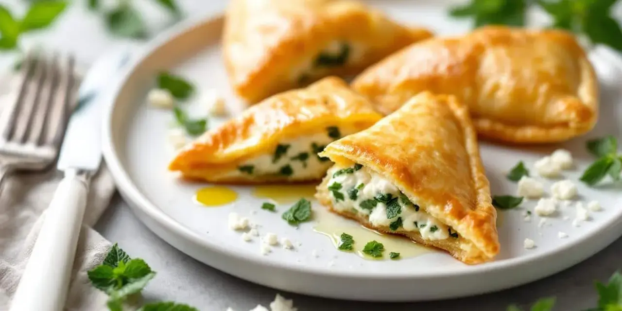 Trois délicieux bricks au four, dorés et croustillants, garnis d'une préparation crémeuse au fromage et aux herbes fraîches, sur une assiette blanche.