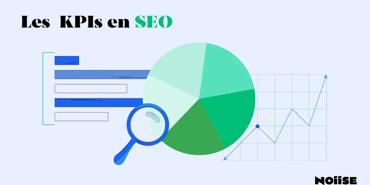 Les KPIs en SEO : analyse de performance avec graphiques, camembert et loupe. Optimisez votre score SEO WordPress.