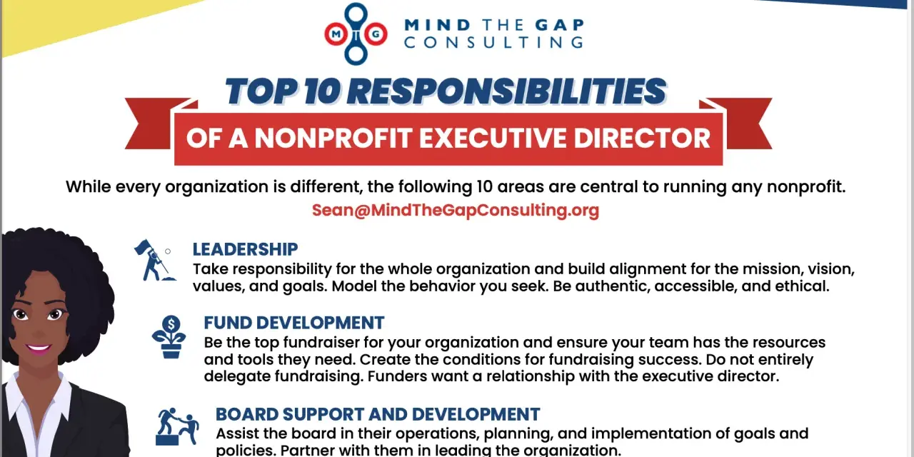 An executive director leads a nonprofit, focusing on leadership, fund development, and board support.