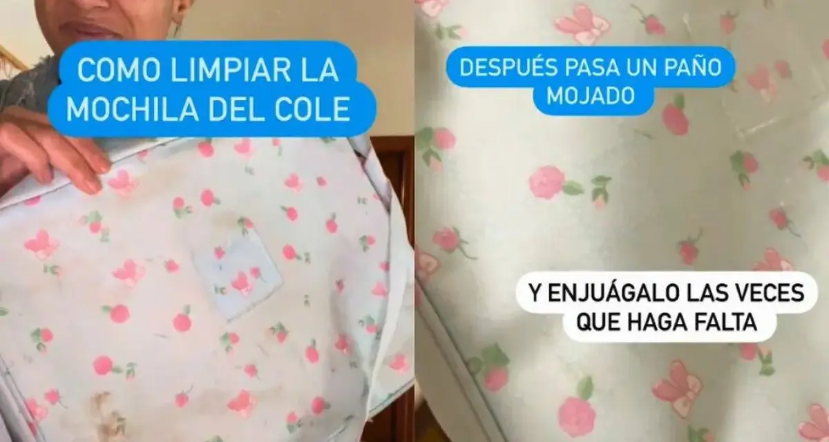 Mochila sucia con flores y mariposas. Aprende como limpiar una mochila sin mojarla, usando un paño húmedo y enjuagando las veces necesarias.