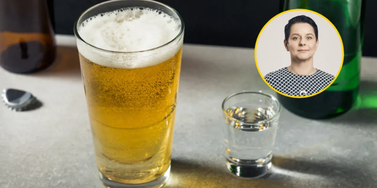 Kobieta w okręgu i kieliszek wódki obok piwa. Zastanawiasz się nad badaniami wątrobowymi na alkohol ile nie pić?