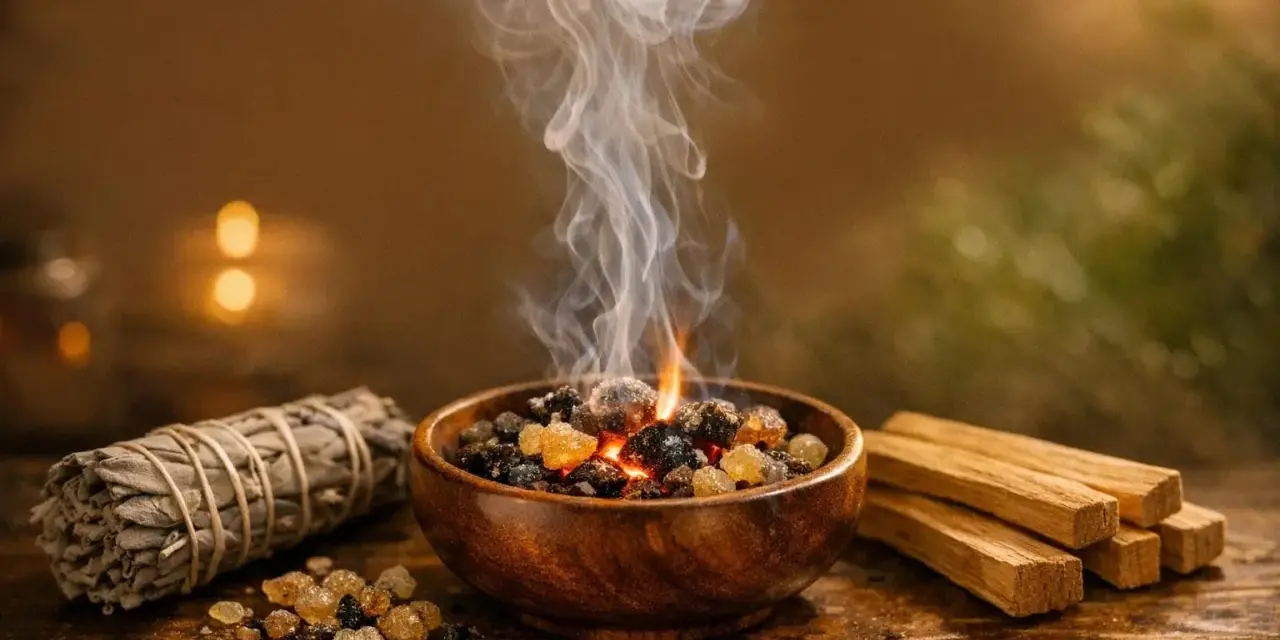 Humo ascendente de resinas en un cuenco de madera, junto a un atado de salvia y palos de palo santo. Aprende como leer el humo del palo santo.