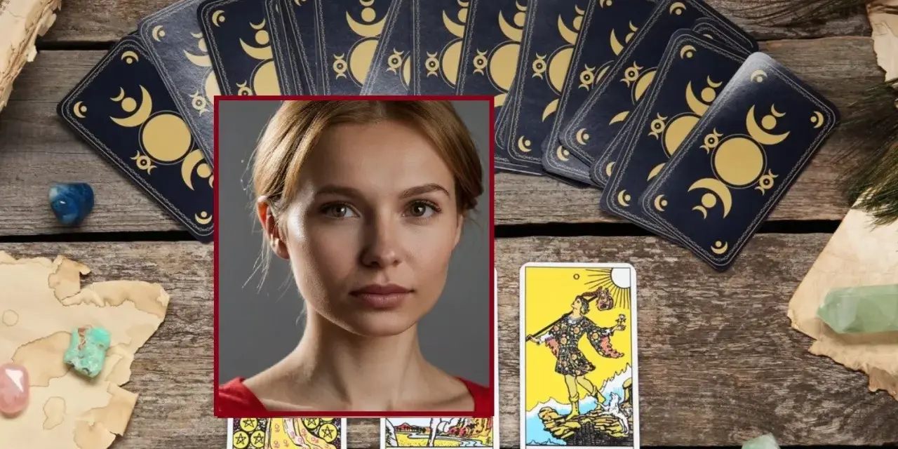 Portret kobiety nad rozłożonymi kartami tarota. Wróżba tarot na jutro dla bliźniąt.