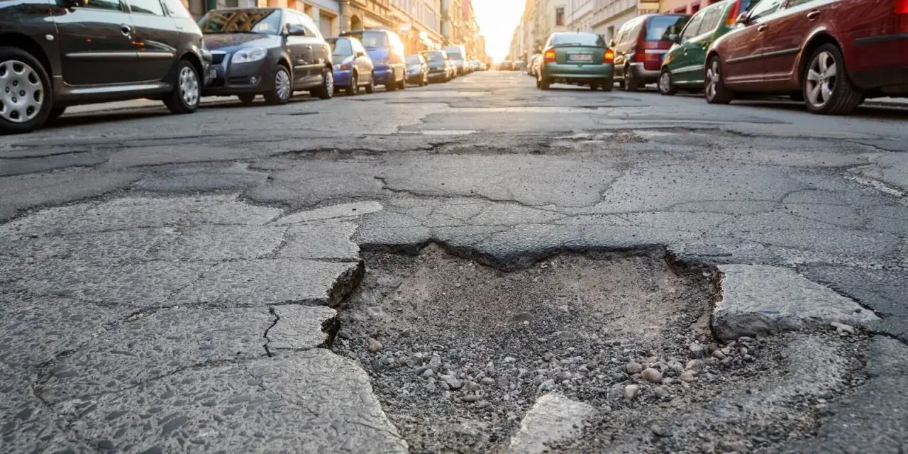Un cratere nel marciapiede, con auto parcheggiate sullo sfondo. La gomma tagliata dal manto stradale crea un ostacolo pericoloso.