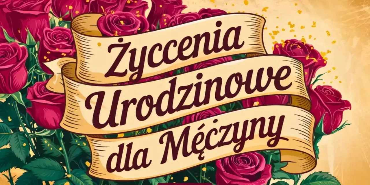 Eleganckie życzenia urodzinowe dla mężczyzny na tle bujnych, czerwonych róż.