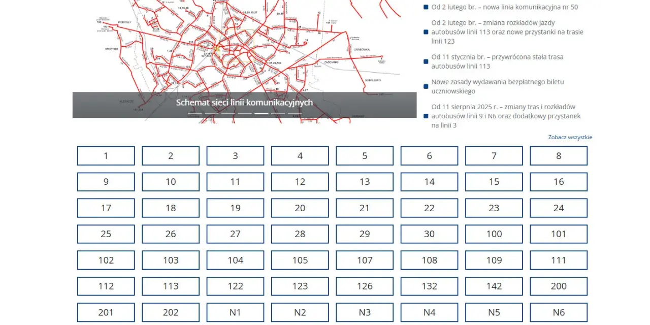 Schemat sieci komunikacyjnej z widocznym rozkładem jazdy linii 50. Dostępne są numery linii od 1 do 202 oraz linie N1-N6.