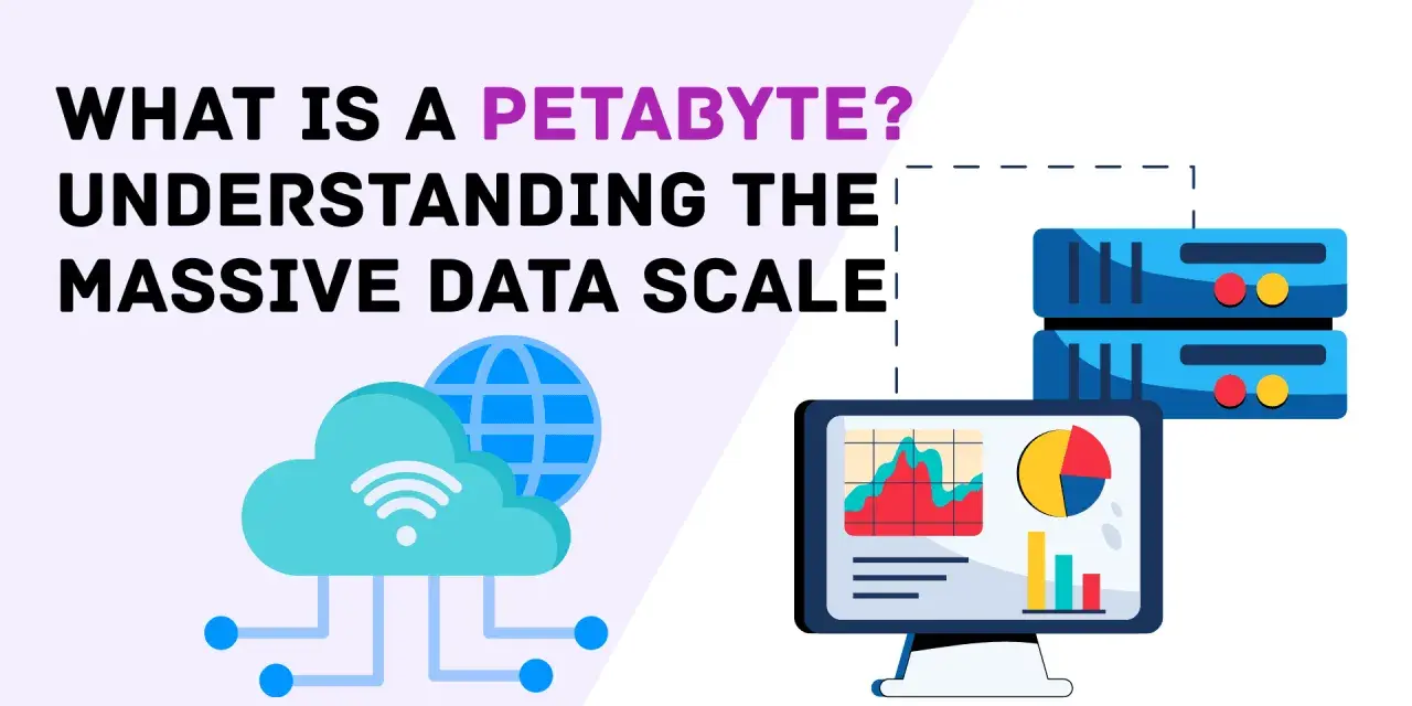 Was kommt nach Terabyte? Ein Petabyte ist eine riesige Datenmenge, dargestellt durch Server, Cloud und Computer mit Diagrammen.