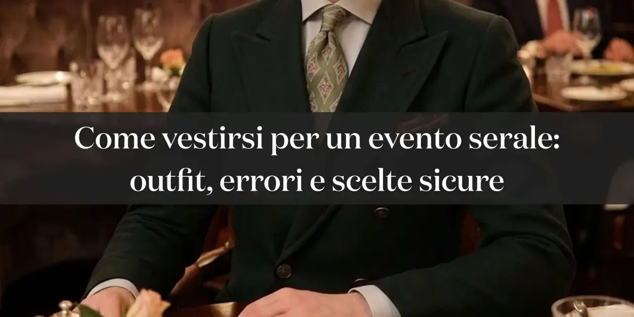 Uomo con giacca verde scuro e cravatta a rombi, perfetto per un dress code elegante serale.