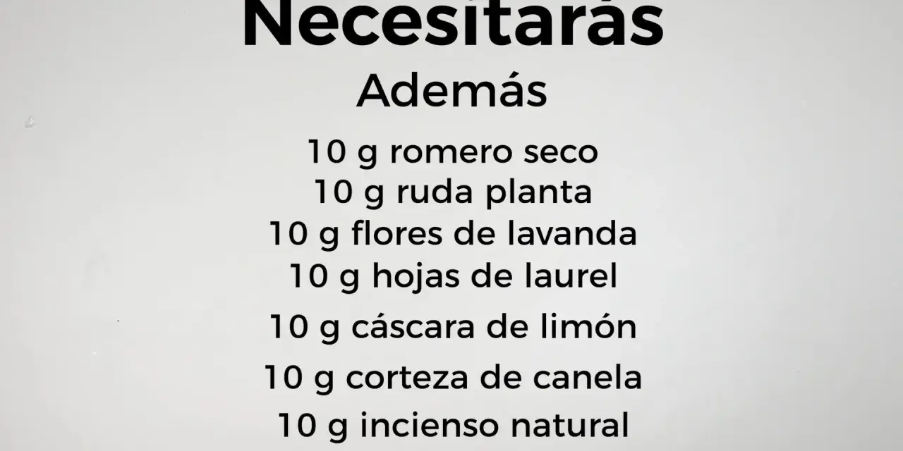 Lista de ingredientes para como hacer un sahumerio: romero, ruda, lavanda, laurel, limón, canela e incienso.