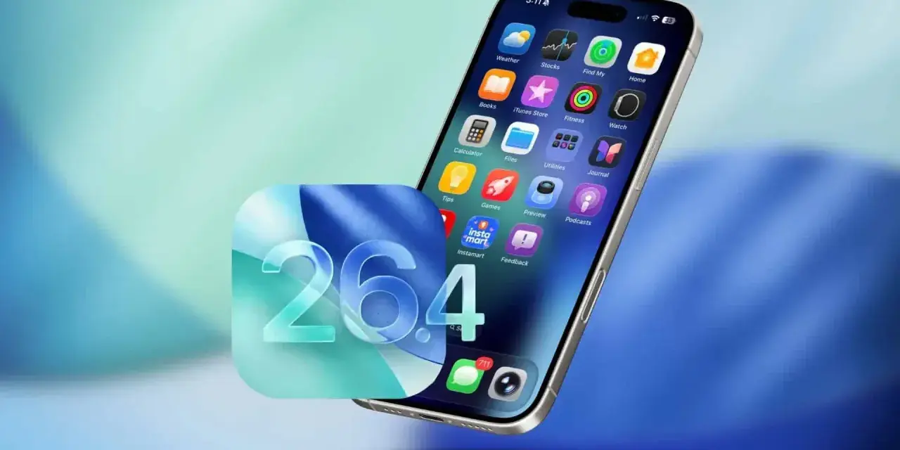 Nowe funkcje w iOS 26.4 na iPhonie: ikony aplikacji, w tym "Instamart", i powiadomienia.
