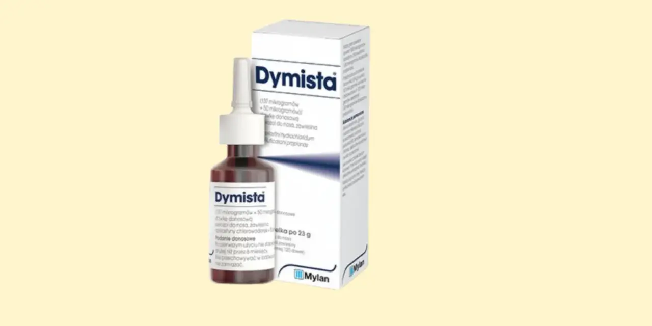 Dymista - spray do nosa w buteleczce i pudełku. Pomaga przy problemach z zatokami.