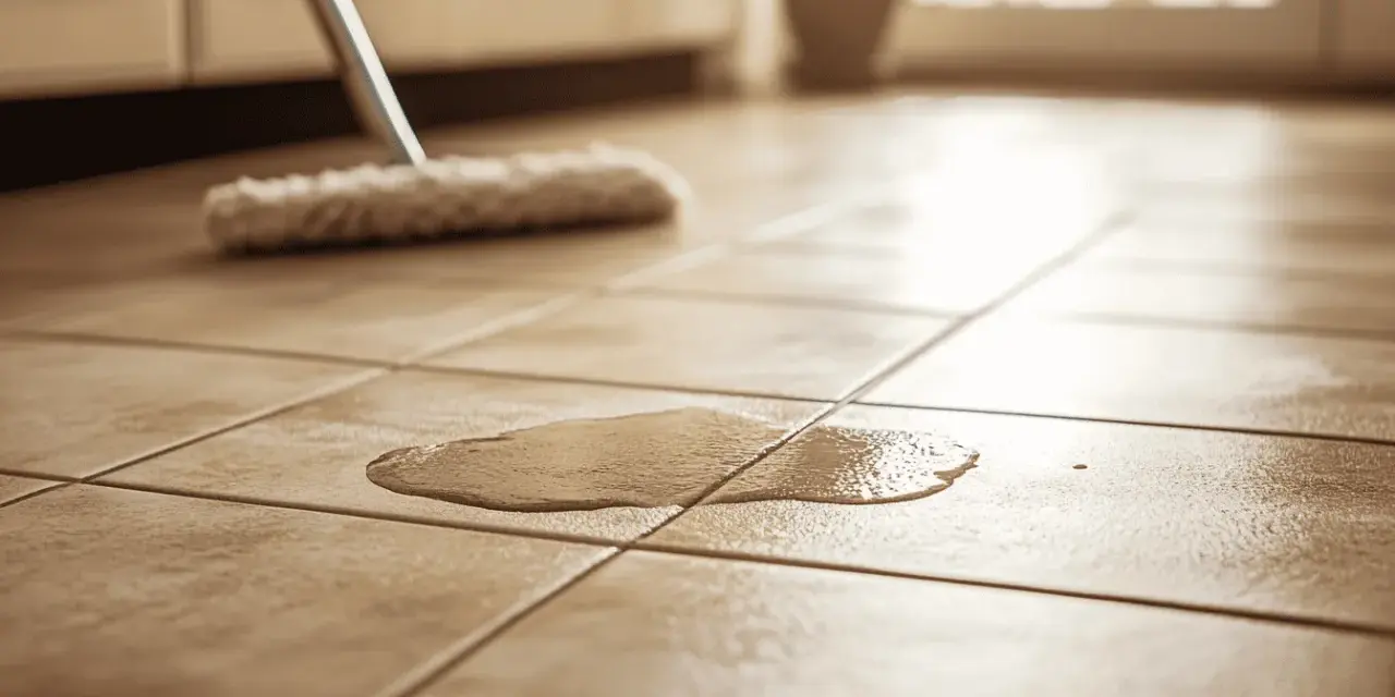 Une serpillière s'apprête à nettoyer des taches blanches sur un carrelage ancien.